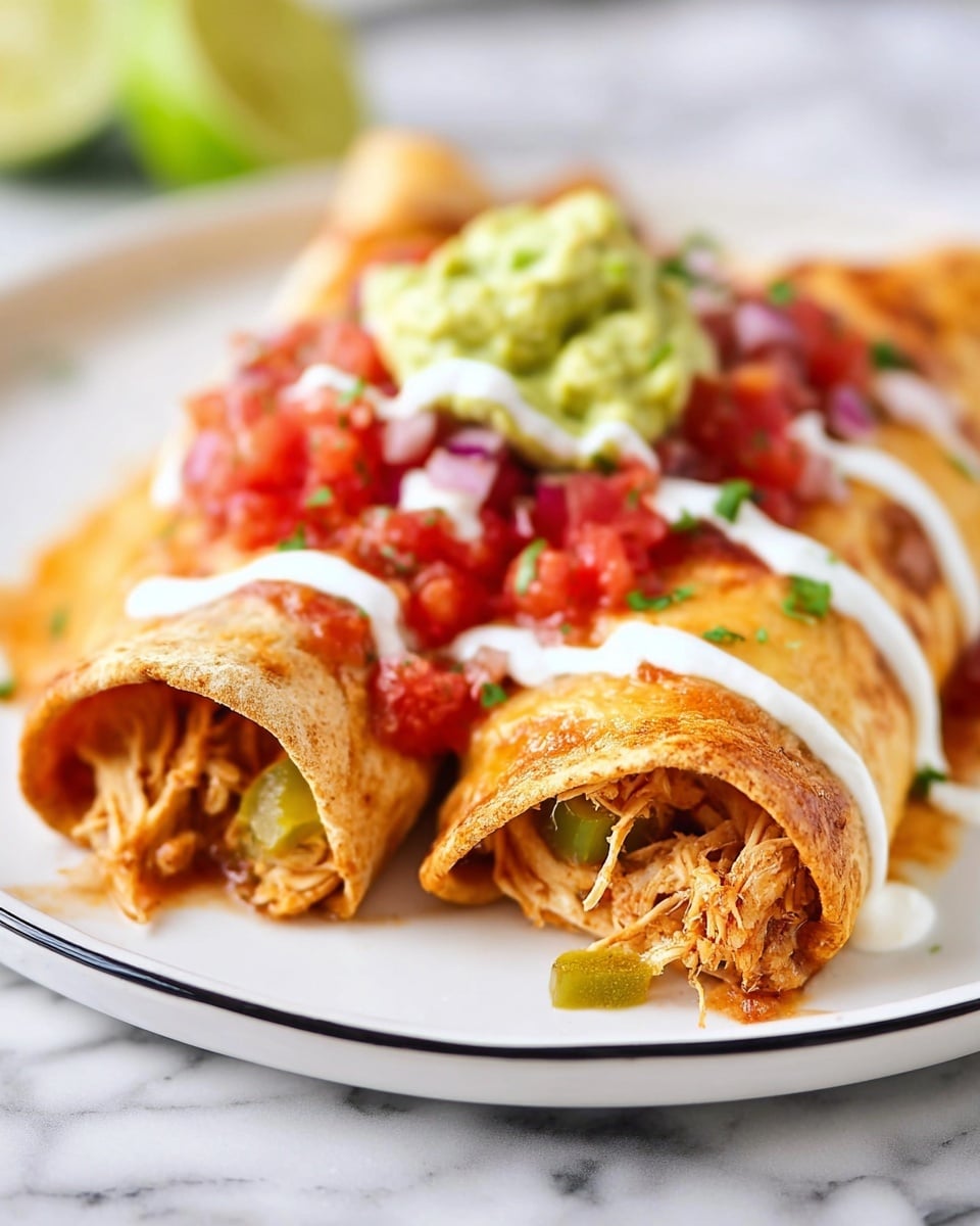 The image shows a golden-brown, folded burrito placed in the center of a white plate with a thin black rim, all set on a white marbled surface. The burrito has a crispy texture with slightly darker browned spots, and it is drizzled with white sour cream in three diagonal lines across the top. On the top center of the burrito, there is a small heap of chunky red and green salsa mixed with finely chopped vegetables, next to a small portion of guacamole with a creamy green texture. To the side of the burrito on the plate is a lime wedge with a pale green interior. In the blurred background, a similar burrito is faintly visible. photo taken with an iphone --ar 4:5 --v 7