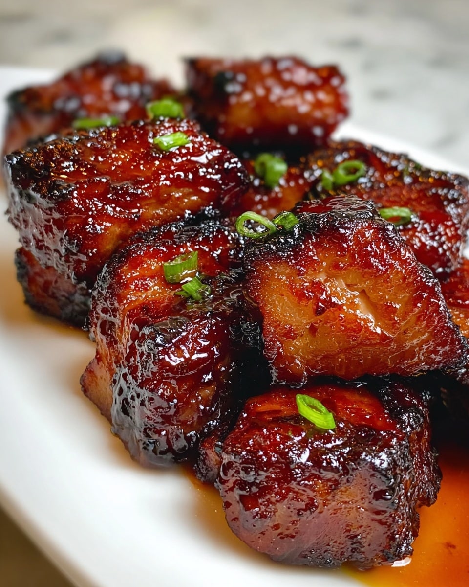 Close-up of several pieces of grilled meat pieces on a white plate, each piece is thick and coated in a rich, shiny dark brown glaze with slightly charred edges, showing a moist and tender pink inside. Small bright green bits of garnish add contrast on top of some meat pieces. The plate sits on a white marbled surface. photo taken with an iphone --ar 4:5 --v 7